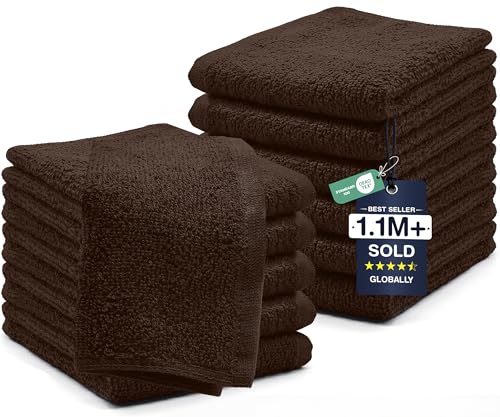 Image of DAN RIVER 12 Pack Wash Cloths for Showering [12x12] - 100% Cotton Washcloths Premium Quality Flannel Face Cloths for Bathroom, Highly Absorbent and Soft Feel Wash Clothes, Brown