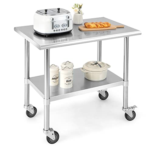 COSTWAY Table de Travail Cuisine 61 x 92 cm, en Acier Inoxydable à 2 Niveaux 2 Roues Verrouillables, Plateau Inférieure Réglable, Charge 250 kg, Extérieur/Intérieur...