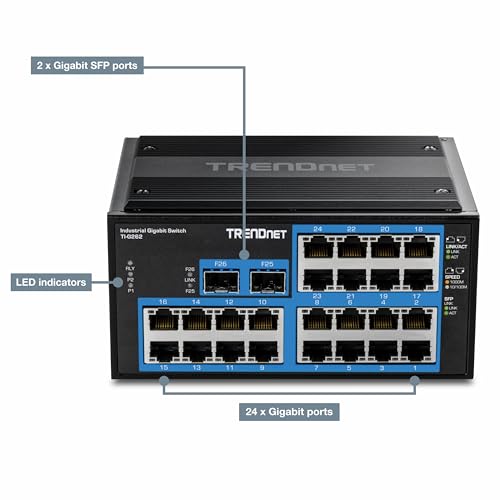 Image of TRENDnet 26-Port Hardened Industrial Gigabit DIN-Rail Switch, TI-G262, 24 x Gigabit Ports, 2 x Gigabit SFP Ports, 52Gbps Switching Capacity, Lifetime Protection, Black
