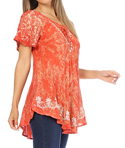 Sakkas Ash Speckled Tiedye Embroidered Cap Sleeve Blouse Top with Embroidery Hems4