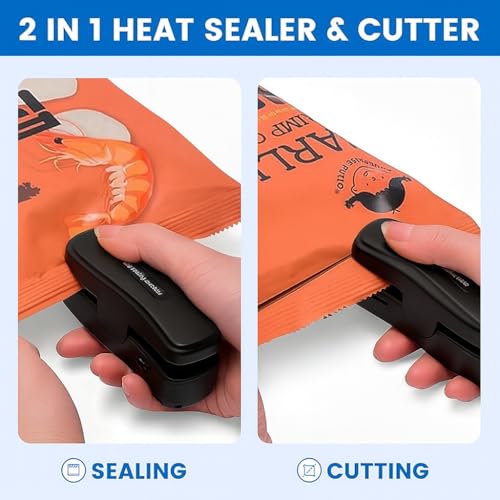 Image of 2 In 1 Mini Bag Sealer with Cutter, Rechargeable Heat Sealer, Portable Snack Bag Sealer for Plastic Bag Food Storage (Black)