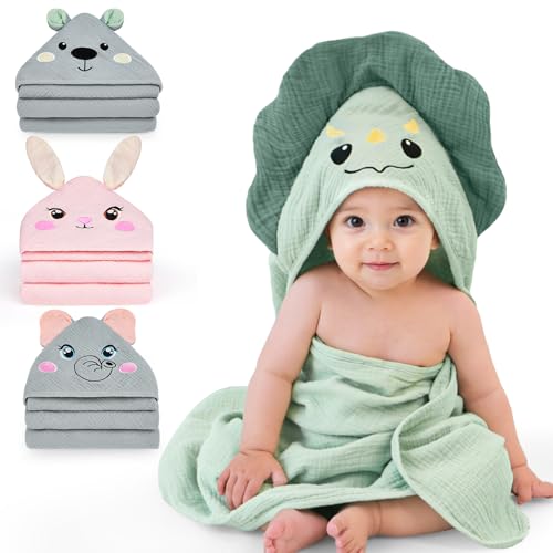 Image of FIOBEE Hooded Baby Towels 100% Muslin Baby Bath Towels for Newborn with Animal Design Ultra-Soft and Absorbent Bath Essentials for Toddler, Unisex Girls Boys 30 x 30 inch, Green Dinosaur