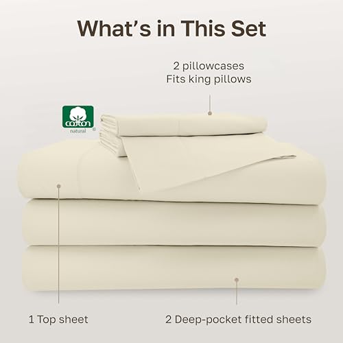 Image of California Design Den Split King Size Sheet Set -100% Cotton, 500 Thread Count Sateen, Deep Pocket Bedding for Adjustable Beds, Includes Twin XL Fitted Sheets & Pillowcases - Ivory (Beige Tone)