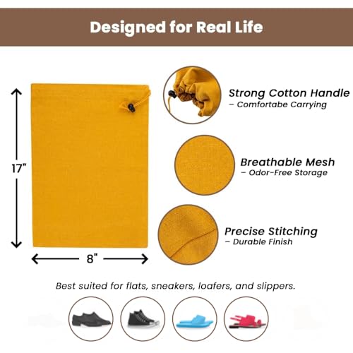 Image of LFH Cotton Rich Shoe Storage Bags with Drawstring, Dustproof Breathable Reusable Organizer, Perfect For Travel, Dorm, Hotel, College, Gym, Easy to Carry, Machine Washable 8 inchx17 inch (Pack of 6) - Golden