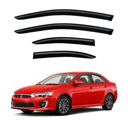 Image of Rain Guards Window Visor for 2008-2017 Mitsubishi Lancer Out-Channel | Shields Vent Deflector Shade Wind Dark Smoke 2009 2010 2011 2012 2013 2014 2015 2016 08 09 10 11, Tape-On Outside-Mount, 4PCS