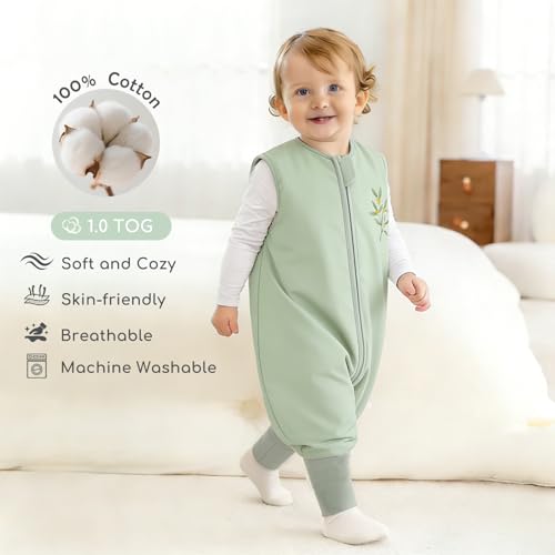 Image of Chilsuessy Toddler Sleep Sack with Feet 3-4 T, 1.0 TOG Cotton Baby Wearable Blanket with Legs, Sleep Bag Walker with 2-Way Zipper, Light Green
