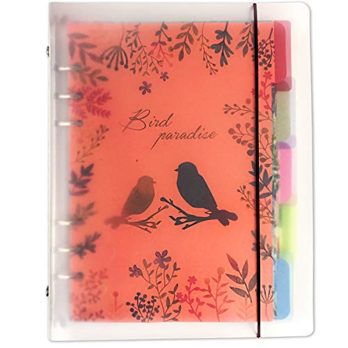 Initial heart A5 6-Ring Loose Leaf Binder Journal Transparent Matte Color Notebook Cute (80 Insert Pages/Refillable+5 Color Index Divider Tabs+1 Clear Page Maker+1 Ziplock Pouch Included) (FlowerBird)