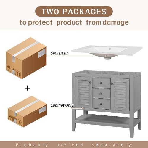 Miniatura 7 de Combinación de tocador de baño de 36 pulgadas con lavabo, armario de baño con 2 puertas y 1 cajón, armario de almacenamiento moderno con asas para