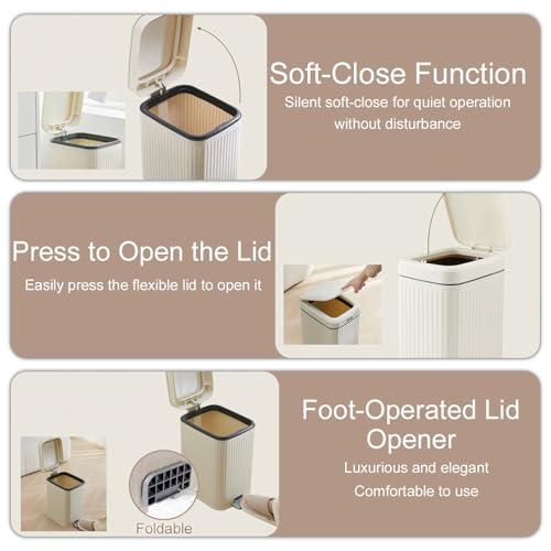 Kongming Tretmülleimer Kleiner Mülleimer mit Deckel 8L Treteimer Geruchsdicht Abfalleimer Küche Bad Mülleimer Schmal für Badezimmer, Büro, Wohnzimmer, Schlafzimmer, WC (Beige)