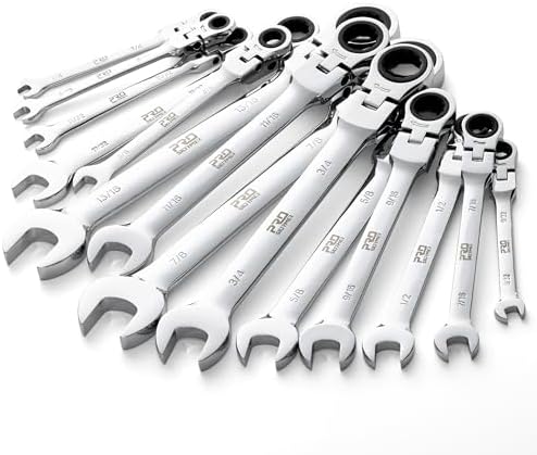 Prostormer Flex Head Ratcheting Wrench Set, SAE 1/4"-7/8",14-Piece Chrome Vanadium Steel Combination Wrench Set with Rack