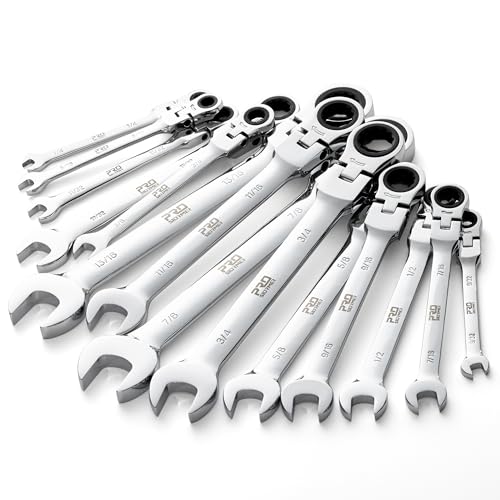 Prostormer Flex Head Ratcheting Wrench Set, SAE 1/4"-7/8",14-Piece Chrome Vanadium Steel Combination Wrench Set with Rack