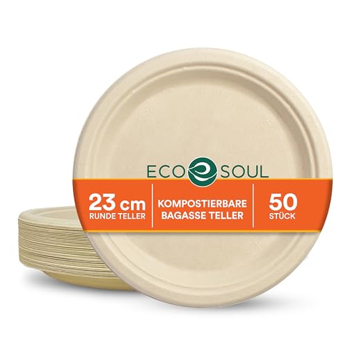 ECO SOUL | Disposable Bagasse Plates | 9 inch - Pack of 50 | Disposable Plates Big Size for Snacking & Everyday Use | Sturdy, Microwave Safe, Leak-Resistant | Sugarcane Bagasse