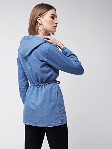 Image of Miss Chase Women's Polo Neck Full Sleeves Patch Pocket Denim Overcoat Knee-Length Jacket
