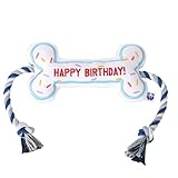 Birthday Bone Interactive Dog Toy - Interactive Tug Rope Pet Toy - Cute Unique Design Party Birthday Gift - Small Medium Puppy - Durable Chew Resistant Plush Toy with Squeaker for Teething (White)