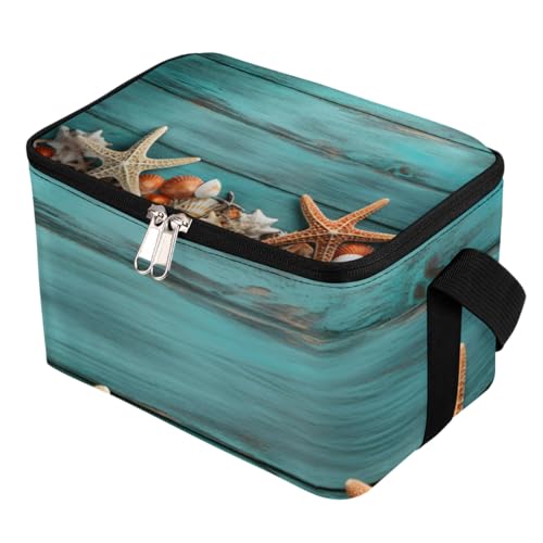 GzLeyigou Lunch Bags for Women Men 9 Cans,Starfishes Sea Shell Hot & Cold Food Delivery Bag Insulated Grocery Bag Insulated Lunch Box Blue Wooden Cooler Bag for Office Work Picnic Beach
