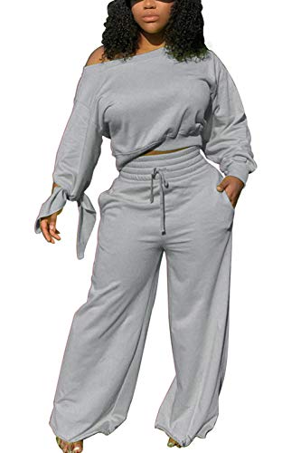 Women's 2 Piece Outfits Long Sleeve Off Shoulder Pullover Shirts Wide Leg Pants Workout Sets Loungewear Sweatsuit Grey S
