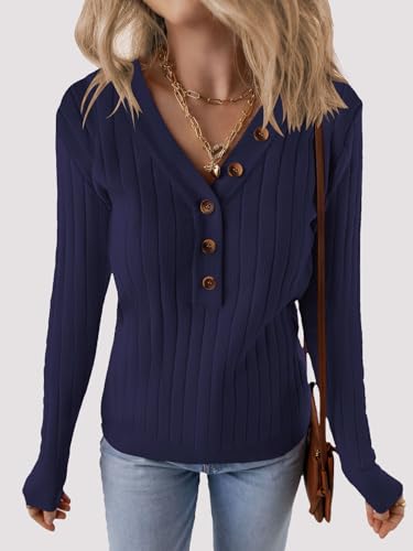 Image of MEROKEETY Women's 2025 Long Sleeve V Neck Ribbed Button Knit Sweater Solid Color Tops