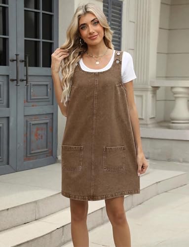 Image of Xaspee Denim Overall Dress for Women Casual Mini Sleeveless Jean Vintage Jumper Skirt Dress with Pockets