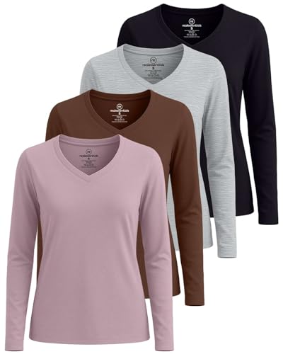 Lista de Camisetas de manga larga para Mujer , tabla con los diez mejores. 42 Real Essentials - Paquete de 4: camisetas de algodón de manga larga con cuello en V para mujer, camisetas suaves y casuales (disponibles en plus), Set 2, Small