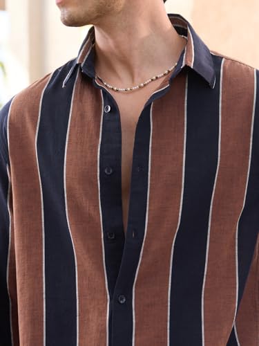 Image of The Souled Store: Echo Men and Boys Long Sleeve Spread Collar Beige and Blue Striped Regular Fit Casual Easy to Wear Summer Ready Lightweight Cotton Linen Shirt