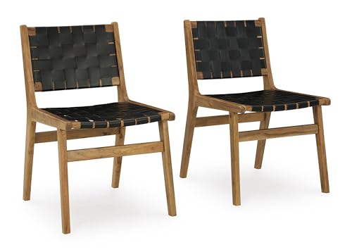 Signature Design by Ashley Fortmaine Modern Upholstered Armless Dining Chair with Open Back and Woven Leather Straps, Set of 2, Light Brown & Black