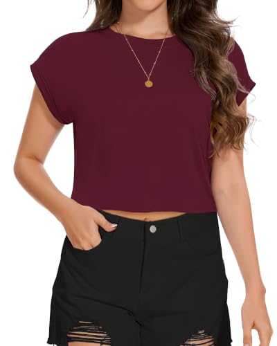 Image of Womens Crop Tops Summer Roll Cap Sleeve Cropped Tshirt Loose Fit Basic Tees
