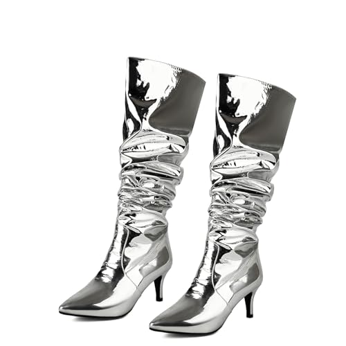 Botas de Mujer con tacón de Aguja por Encima de la Rodilla, Puntera Puntiaguda, Plisadas, Pantorrilla Ancha, Botas largas, Pasarela, Baile, Moda, 6,5 cm,Plata,35 EU