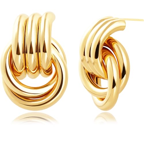 Chunky Gold Earrings for Women - Double Knots 14K Real Gold Plated Hypoallergenic Nickel Free Jewelry Dangle, Dainty Statement Knot Drop Earrings for Womens Trendy