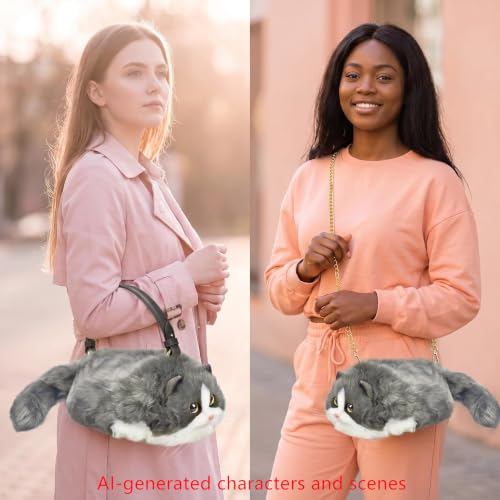 Image of Realistic Puffy Plush Cat Shaped Crossbody Handbag for Women