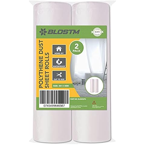 BLOSTM Plastic Dust Sheets for Decorating - 2m x 50m Large Plastic Sheet Rolls 2pcs for use as Furniture & Carpet Protector for Decorating & DIY Projects, Waterproof Plastic Sheeting 2m x 50m - 2PCS Cover