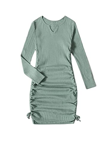 OYOANGLE Girl's Long Sleeve Ribbed Knit Drawstring Side Ruched Bodycon Short Dress