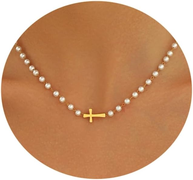 Pearl Necklaces for Women, 18K Gold Plated Dainty Cross Necklace Gold Flower Pearls Beaded Choker Necklace, Trendy Stainless Steel Bridesmaid Wedding Jewelry, Christmas Gifts