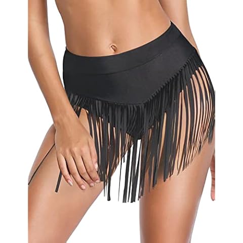 Women's Swimsuit Bikini Bottom - High Waisted Tassel Fringe Swimwear Thong Briefs Beachwear, B-black Fringe, X-Large Cover