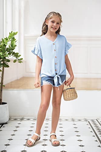 Image of Girls Ruffle Short Sleeve Shirts V Neck Tie Front Knot Tops Button Cute Tunic Shirts Blouse