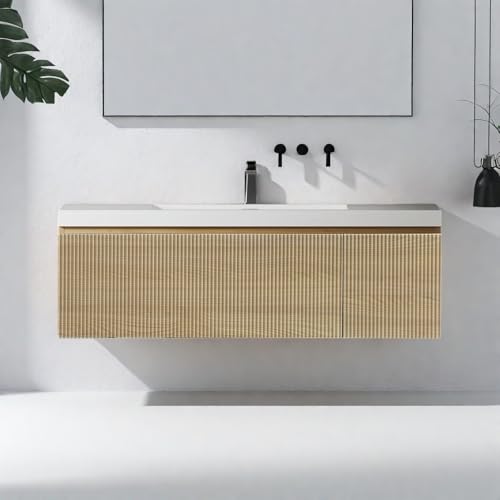 Image of Wall Mounted Bathroom Sink Vanity, Modern 48 inch Floating Vanity with Resin Basin, U-Shaped Soft-Close Storage Drawer & Side Door, Striped Bathroom Storage Cabinet with Invisible Handle, Wood