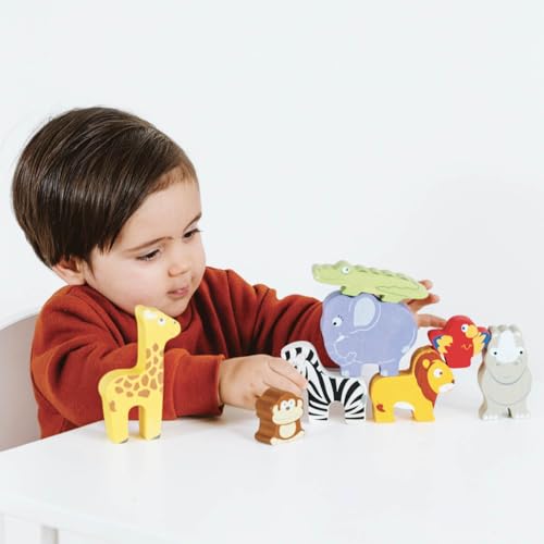Le Toy Van - PL117 - Lernspiel Tiere der Savanne, stapelbar, für Kinder ab 18 Monaten, Balance-Aktivität, 9 Tiere und Tasche, aus FSC-Holz, ökologisches Spiel, plastikfrei, Petilou