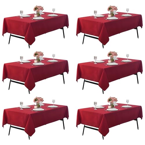 Image of 6-Pack 60x84 inch Burgundy Table Cloths, Solid Stain and Wrinkle Resistant Oblong Tablecloth, Premium Plain Weave Polyester Fabric Rectangle Table Linen Covers for Hotel, Banquet