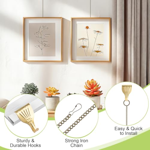 Image of Picture Hanging Kit 10Pcs Rail Hooks with 10Pcs Chains, Metal Picture Display Hanging System for Wall Pictures, Exhibition(Bronze+Gold, 20CM)