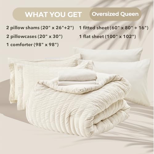 Image of HYMOKEGE Ivory Oversized Queen Comforter Set Seersucker 7 Pieces, All Season Luxury Bed in a Bag for Bedroom, Bedding Set with Comforter, Sheets, Pillowcases & Shams