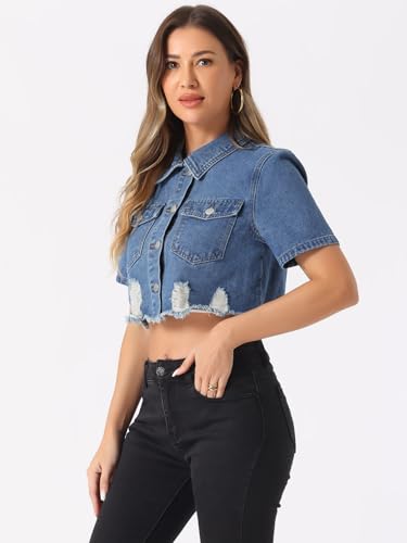 Allegra K Cropped Denim Jacket for Women's Short Sleeve Button Down Frayed Short Jeans Jackets4