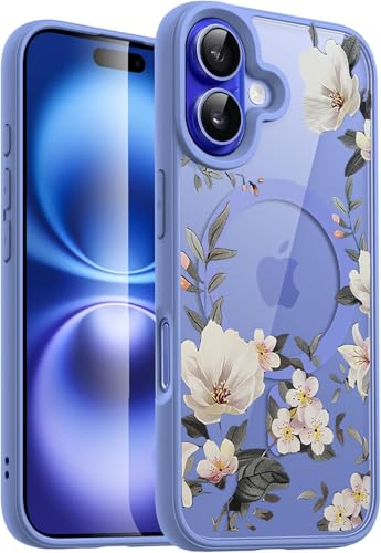 Image of VONZEE Compatible with iPhone 16 Case Luxury Retro Flowers Floral Clear for Magnetic Wireless Charging Case Shockproof Case PC+TPU Cute Glossy Shiny Cover for Girls Women, 6.1'' Official Blue