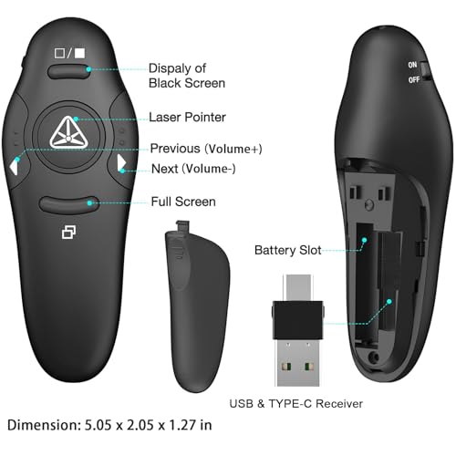 2-in-1 usb type c presentation clicker wireless presenter remote with laser pointer rf 24ghz usb c powerpoint clicker slide advancer for computermaclaptop