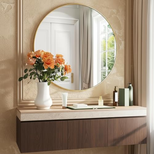 Image of Round Wall Mirror with Durable Wooden Frame - 30 inch (Golden) | Modern Decorative Wall Hanging Mirror for Bathroom, Bedroom, Basin, Dressing Table, Entryway & Home Interior Decor