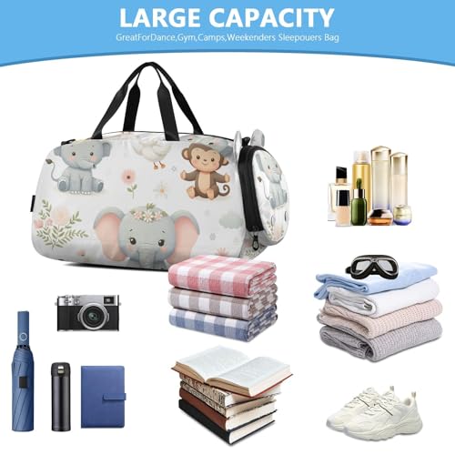 Cartoon Animals Pattern Duffle Bag for Girl, Sports Duffle Gym Bags with Shoe Compartment, Personalized Overnight Bag Travel Weekender for Kids4