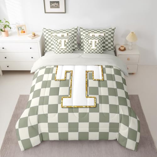 Image of Erosebridal Sage Green Checkered King Bed in A Bag 7 Piece Plaid Initial T Comforter Set with Sheets Personalized Monogram Bedding Sets for Kids Adults,Fashion Grids Gingham Bed Set