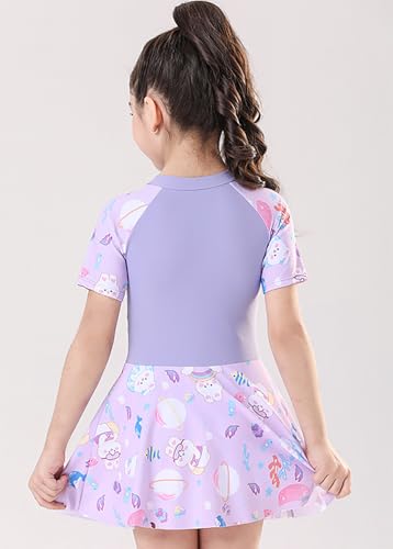 Image of Girls Swimsuit Girls One Piece Skirted Swimsuit Short Sleeve Floral Rash Guard Bathing Suit Swim Dress Swimwear