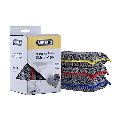 Image of Miracle Microfiber Sponges for Kitchen Kosher Non-Scratch Sponge Scrubber Heavy Duty Multi-Purpose Cleaning of Dishes, Pots, Pans, and Countertops, Machine Washable, 3 Pack, by Superio (Grey)
