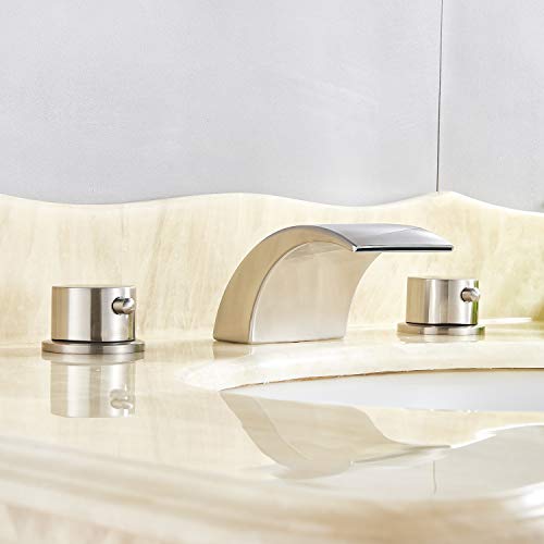 Senlesen Commercial 3 Holes Two Handles Lavatory Vanity Sink LED Waterfall Spout Widespread Bathroom Sink Faucet Brushed Nickel