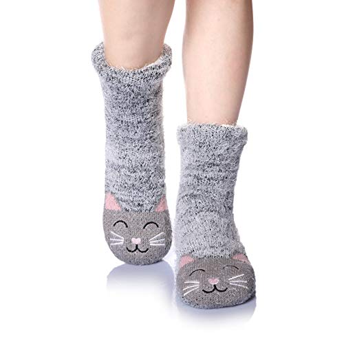 SEEYAN Flauschige Damen-Socken, kuschelig, Weihnachten, dickes Fleece, warm, bequem, weich, Thermo-Socken mit Griffen, Grau (Cat Grey), One size