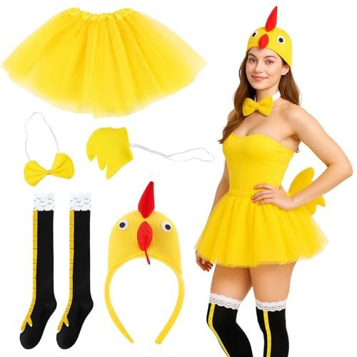 WNXBFO 5 Pcs Set Chicken Costume Adult Fancy Dress Chicken Hat Animal Cosplay Outfit Kit With Rooster Headband Bow Tie Tail Tutu Skirt Chicken Leg Socks For Kids & Adults Halloween World Book Day
